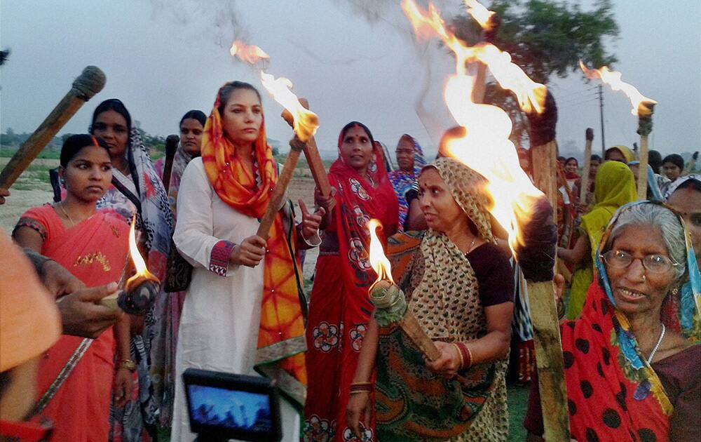 Film actress and former Rajya Sabha MP, Shabana Azmi during a film shoot in her native village Mijwa, in Azamgarh.