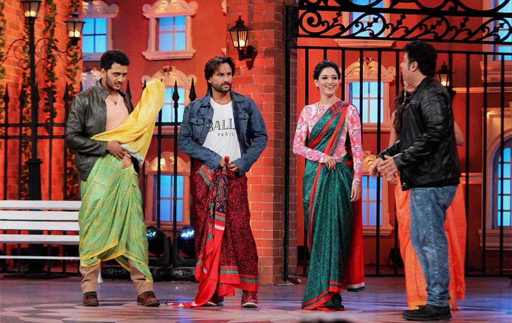 Bollywood actors Riteish Deshmukh, Saif Ali Khan and Sajid Khan during the shooting of a special episode for a TV show, in Mumbai.