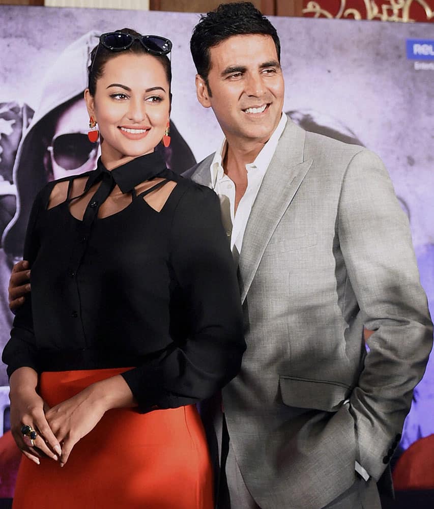 Bollywood actors Akshay Kumar and Sonakshi Sinha during the promotion of their latest action thriller 'Holiday: A Soldier is Never off Duty' in Mumbai.