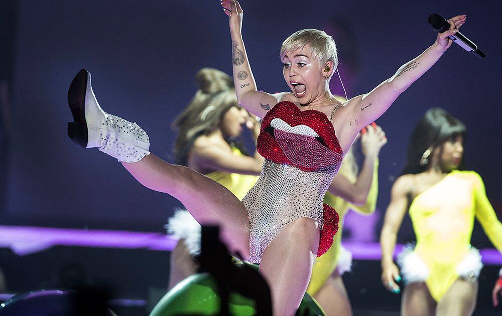 US singer Miley Cyrus, performs in concert on her Bangerz tour, at Forum Arena, Copenhagen, Denmark.