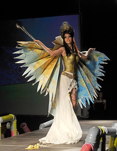 A model presents a creation during Trash Fashion Show in Macedonia's capital Skopje.