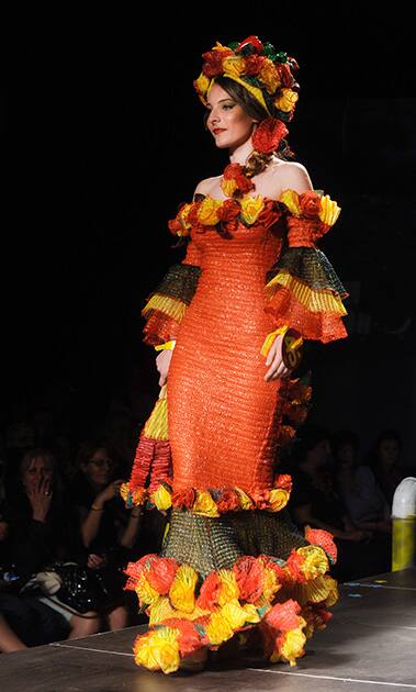 A model presents a creation during Trash Fashion Show in Macedonia's capital Skopje.