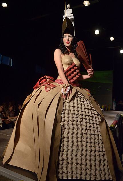 A model presents a creation during Trash Fashion Show in Macedonia's capital Skopje.