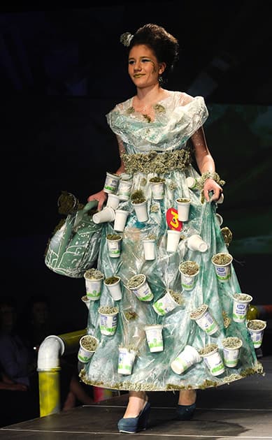 A model presents a creation during Trash Fashion Show in Macedonia's capital Skopje.