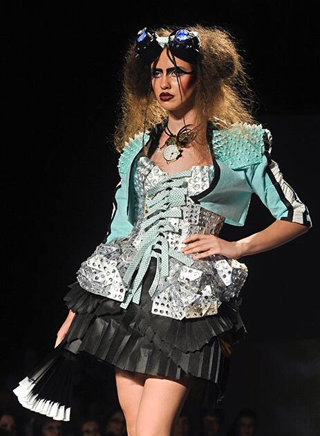 A model presents a creation during Trash Fashion Show in Macedonia's capital Skopje.