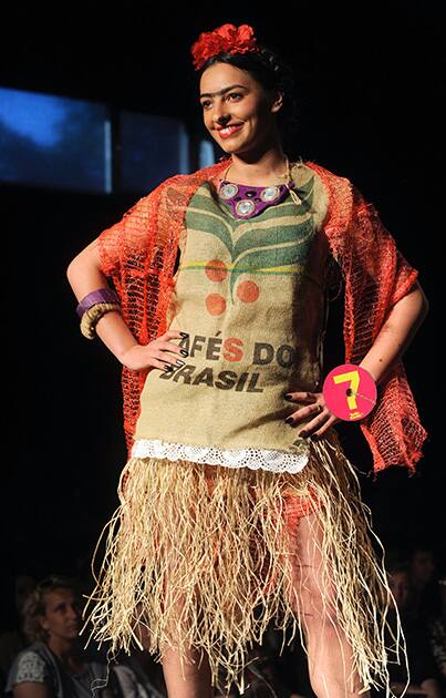 A model presents a creation during Trash Fashion Show in Macedonia's capital Skopje.