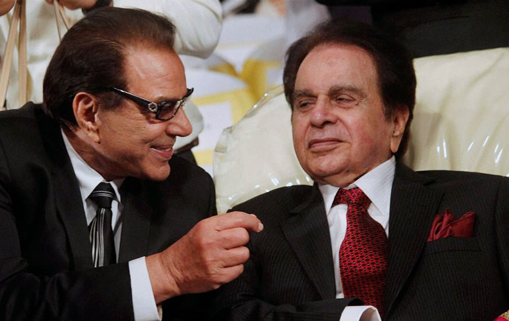 Dharmendra and Dilip Kumar during the launch of the latter's autobiography.