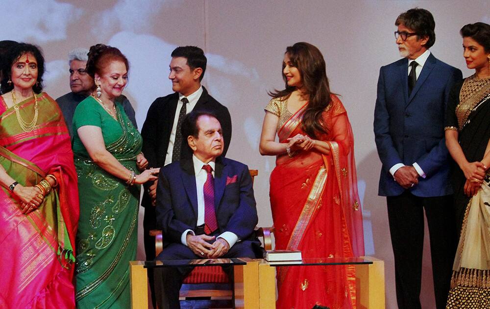 Vyjayanthimala, Javed Akhtar, Saira Banu, Aamir Khan, Madhuri Dixit, Amitabh Bachchan and Priyanka Chopra during the launch of veteran actor Dilip Kumar's autobiography in Mumbai.