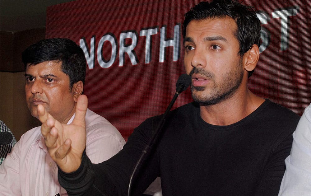 John Abraham speaks to the media during the launch of his Indian Super League franchise 'North East United FC' in Guwahati.