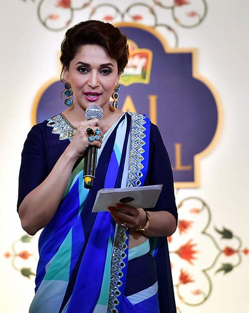 Actress Madhuri Dixit Nene speaks at a musical event for the unveiling new Taj Mahal tea in New Delhi.