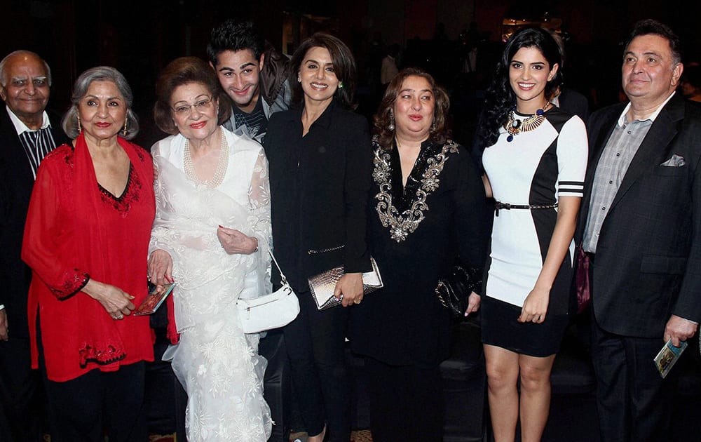 Ritu Nanda, Krishna Kapoor, Rishi Kapoor, Neetu Singh, Armaan Jain and Deeksha Seth during the music launch of the film 'Lekar Hum Deewana Dil' in Mumbai.