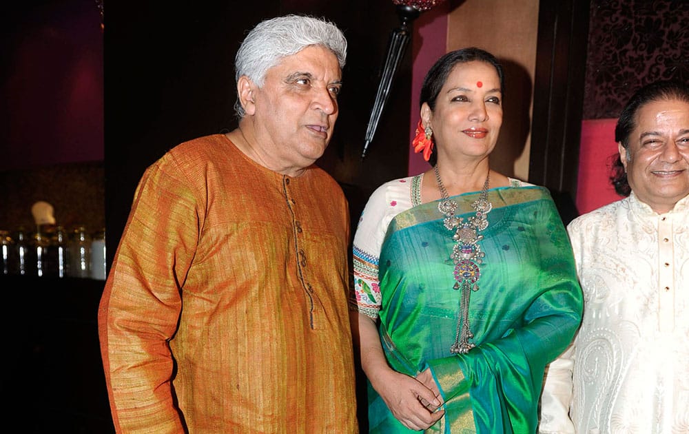 (L-R) Javed Akhtar, Shabana Azmi and Anup Jalota during the party hosted by Pahlaj Nihalani for Shatrughan Sinha on his victory in the Lok Sabha 2014 elections in Mumbai.dna