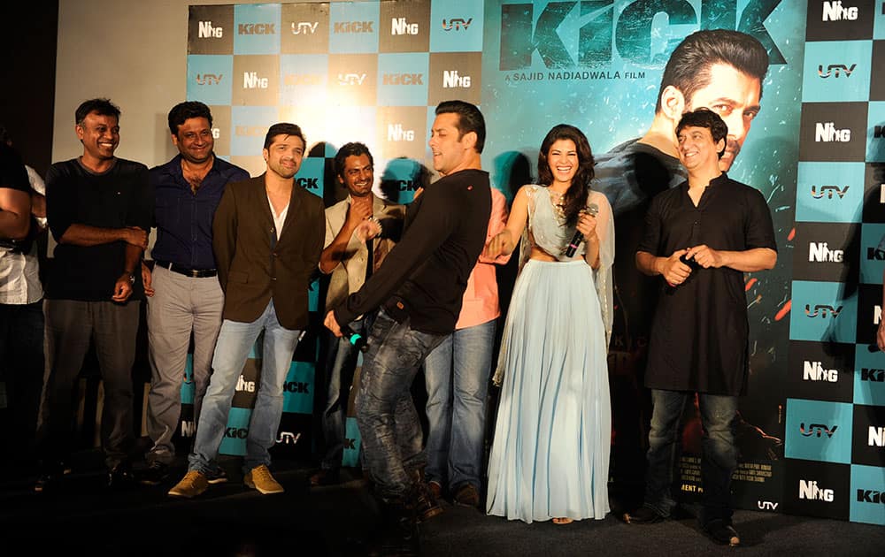 Salman Khan and Jacqueline Fernandes (R) during the trailer launch of the film Kick in Mumbai .dna