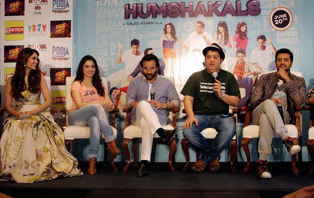 Director Sajid Khan(2nd from right) with the starcast (L-R) Esha Gupta, Tamannaah, Saif Ali Khan and Ritesh Deshmukh (extreme right) of his upcoming movie Humshakals at a promotional event in New Delhi.