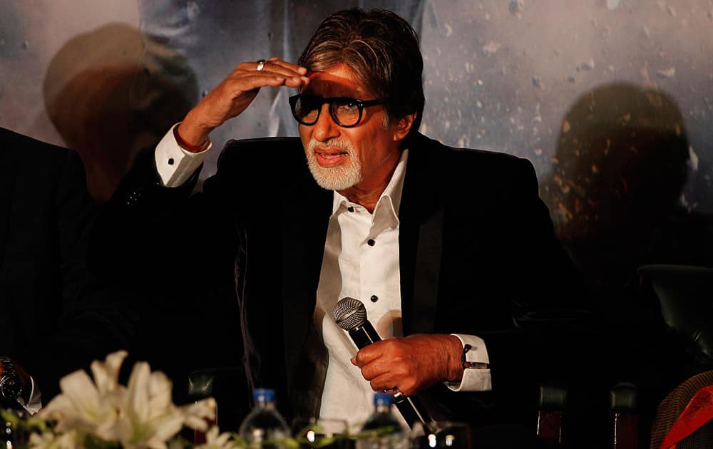 Bollywood's biggest star, Amitabh Bachchan listens to a question from a journalist during a promotion of his upcoming television fiction series 'Yudh' in New Delhi.