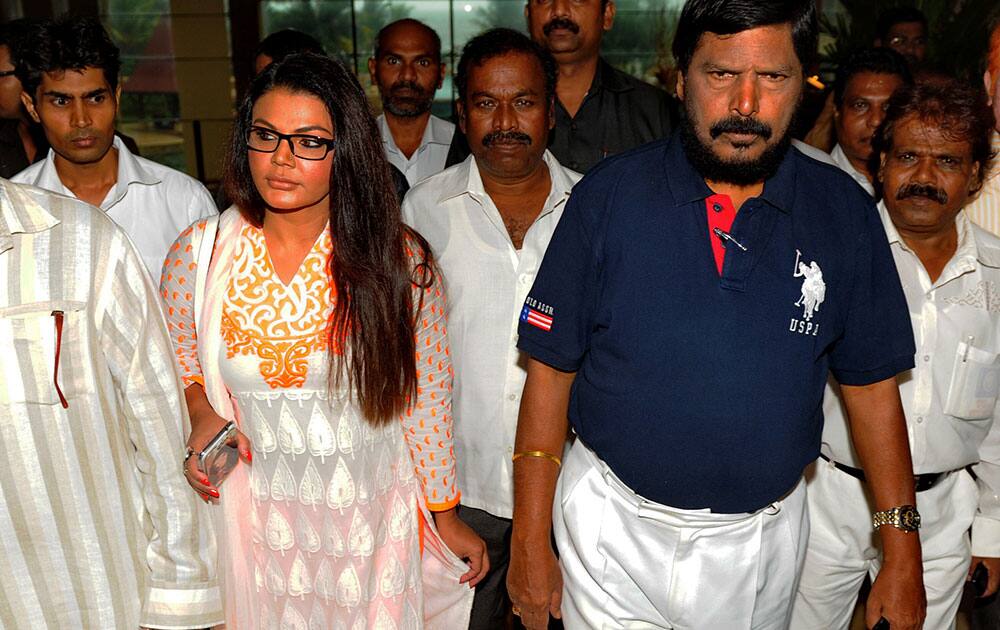 RPI Chief Ramdas Athawale (R) meets Rakhi Sawant (C) on joining RPI at JW Marriott, Juhu in Mumbai. dna