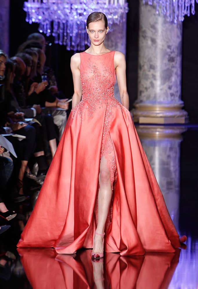 A model wears a creation for Lebanese fashion designer Elie Saab's fall-winter 2014-2015 Haute Couture fashion collection in Paris, France.