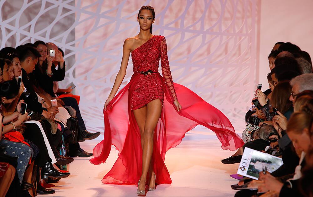 A model presents a creation for Zuhair Murad's fall-winter 2014-2015 Haute Couture fashion colllection in Paris.