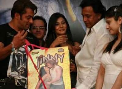 Bollywood actors Salman Khan and Mithun Chakravarty unveil the music album for the upcoming Bollywood movie "Jimmy" at a pub in Mumbai 