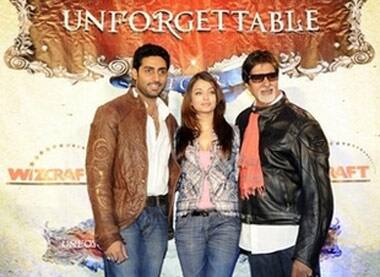 The Bachchans pose after speaking to media to promote the 