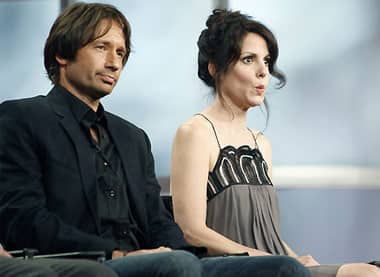 Actress Mary-Louise Parker from Weeds and actor David Duchovny from Californication during a conference in Beverly Hills, California.