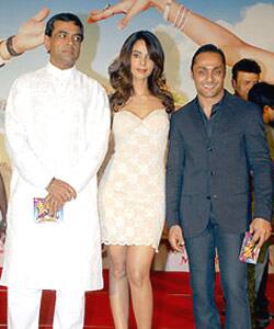 Bollywood actors Paresh Rawal, Mallika Sherawat and Rahul Bose during the music album launch of their upcoming movie Maan Gaye Mughal-E-Azam in Mumbai.