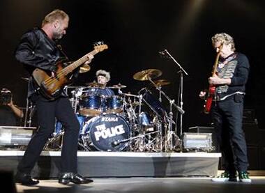  The Police drummer Stewart Copeland, bass player Sting and guitarist Andy Summers perform during thier farewell concert in New York August 7, 2008. 