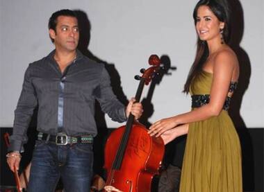 Take it or leave it: Indifferent Salman gifts a cello to a smiling Katrina. 