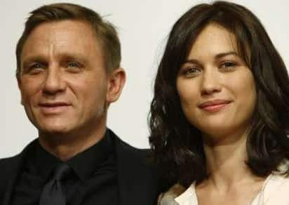 Daniel Craig and Olga Kurylenko at a news conference in Tokyo.