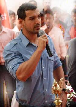 John Abraham addresses the crowd at  media event held in Mumbai.