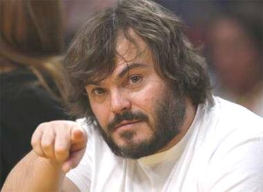 Jack Black watches a basketball game in Los Angeles.