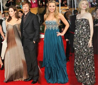 Red carpet Queens Angelina Jolie with beau Brad Pitt, Amanda Bynes and Cate Blanchett leave after the Golden Globe 2008.