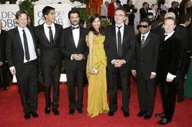 The cast and crew of 'Slumdog Millionaire' arrive at the 66th annual Golden Globe awards in Beverly Hills, California. Pictured are (L-R) producer Christian Colson, actors Dev Patel, Anil Kapoor, Frei