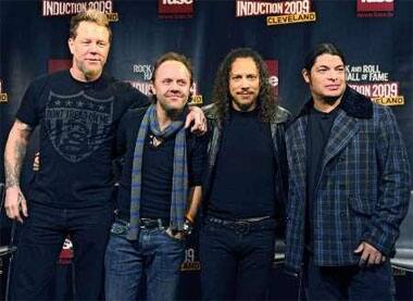 Metallica, the heavy metal band, poses for pictures after the Rock and Roll Hall of Fame announced their 2009 inductees.