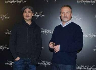 Brad Pitt and David Fincher pose for photographers during a photo call at the Oscar nomination ceremony. 