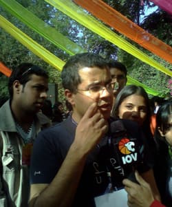 Chetan Bhagat in conversation with the media.