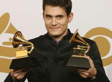 John Mayer with his awards backstage for 'Best Male Pop Vocal Performance' and 'Best Solo Rock Vocal Performance' at the 51st annual Grammy Awards. 