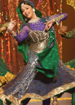 Bollywood's dancing sensation Madhuri Dixit performs at a media event.