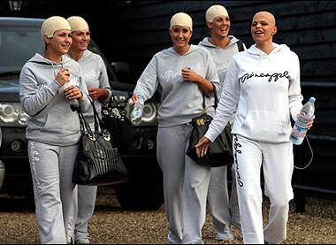 Jade Goody along with bridesmaids in flesh-coloured bathing caps in solidarity with Goody who has lost her hair owing to chemotherapy.