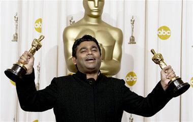 A.R. Rahman holds the Oscars for best original score and for best original song 'Jai Ho' for his work on 'Slumdog Millionaire' during the 81st Academy Awards.