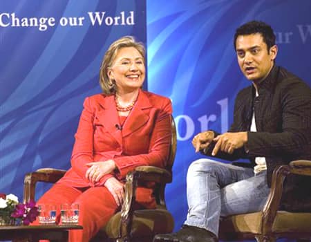 US Secretary of State Hillary Clinton and Aamir Khan in a program on Education in Mumbai. 