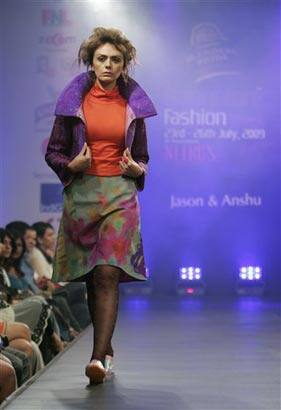 A model presents a creation by Jason and Anshu at the Bangalore Fashion Week 2009, in Bangalore, India, Sunday, July 26, 2009.