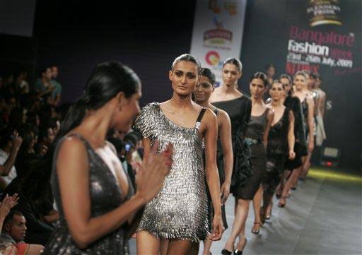 A model presents a creation by Rocky S at the Bangalore Fashion Week 2009, in Bangalore, India, Sunday, July 26, 2009.