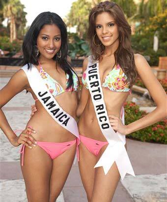 In this photo provided by the Miss Universe Organization, Carolyn Yapp, Miss Jamaica 2009, and Mayra Matos, Miss Puerto Rico 2009, pose in their swimsuit during the 2009 Miss Universe competition at A