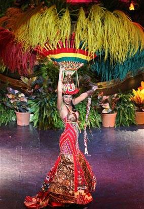 Miss Bolivia Dominique Peltier poses during the national costume event in Nassau, Bahamas, Monday, Aug. 10, 2009. Contestants from 84 countries will compete for the coveted crown of Miss Universe 2009