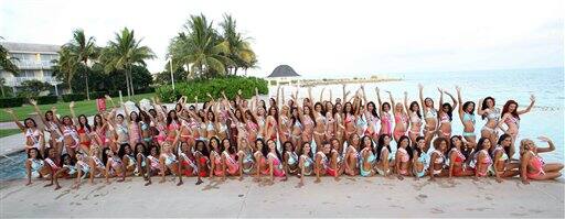 Contestants of the Miss Universe 2009 pose during a swimsuit event in Freeport, Grand Bahama.