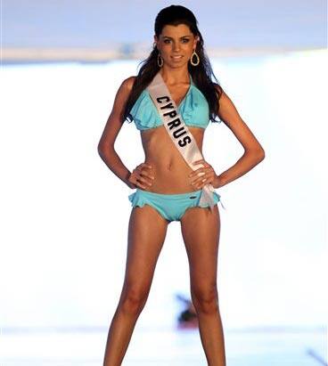 Miss Cyprus Klelia Yiasemidou poses during a swimsuit event in Freeport, Grand Bahama island, Sunday, Aug. 9, 2009. 