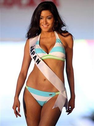 Miss Japan Emiri Miyasaka poses during a swimsuit event in Freeport, Grand Bahama .