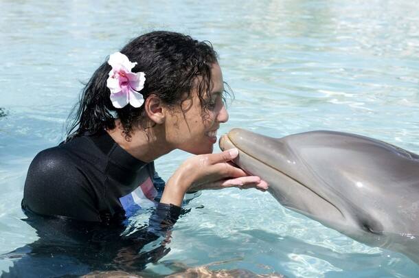 Chole Mortaud, Miss France 2009, smiles at a dolphin at Dolphin Cay Atlantis on Paradise Island, ahead of the Miss Universe 2009 pageant in the Bahamas 