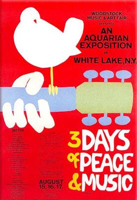 The original Woodstock poster designed by Arnold Skolnick that gave birth to its logo.